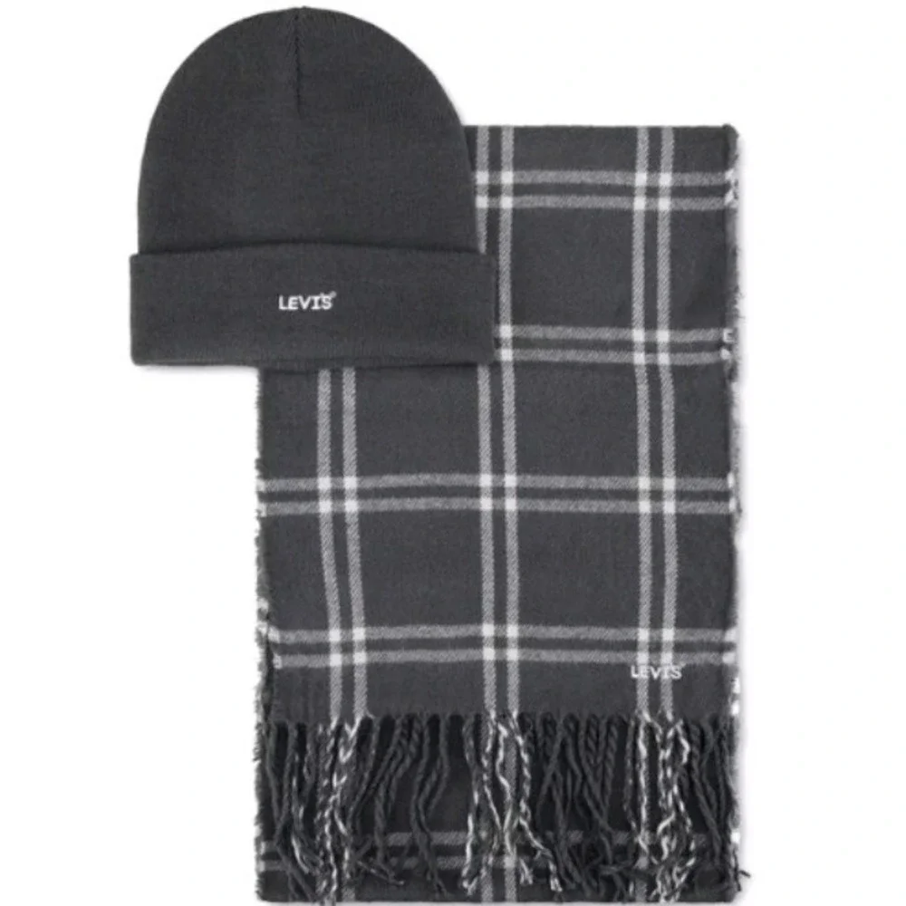 Levi's Men's Logo Beanie & Windowpane Scarf Gift Set Gray One Size NWT